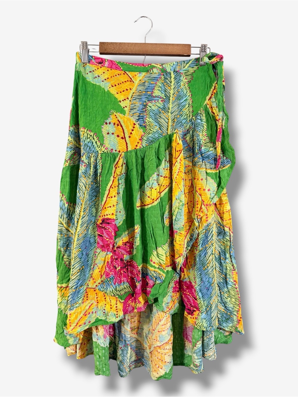 Cynthia Rowley Green Tropical Midi Wrap Skirt Size M Hi Low Hem Floral Gauze